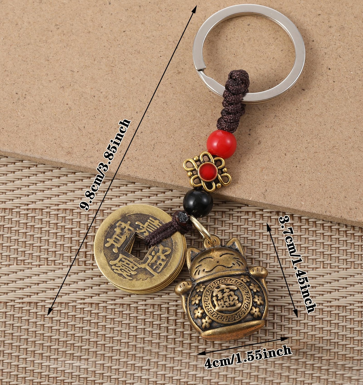 Lucky Cat Keychain, with Five Emperors Money Feng Shui Coins, Maneki Neko Good L