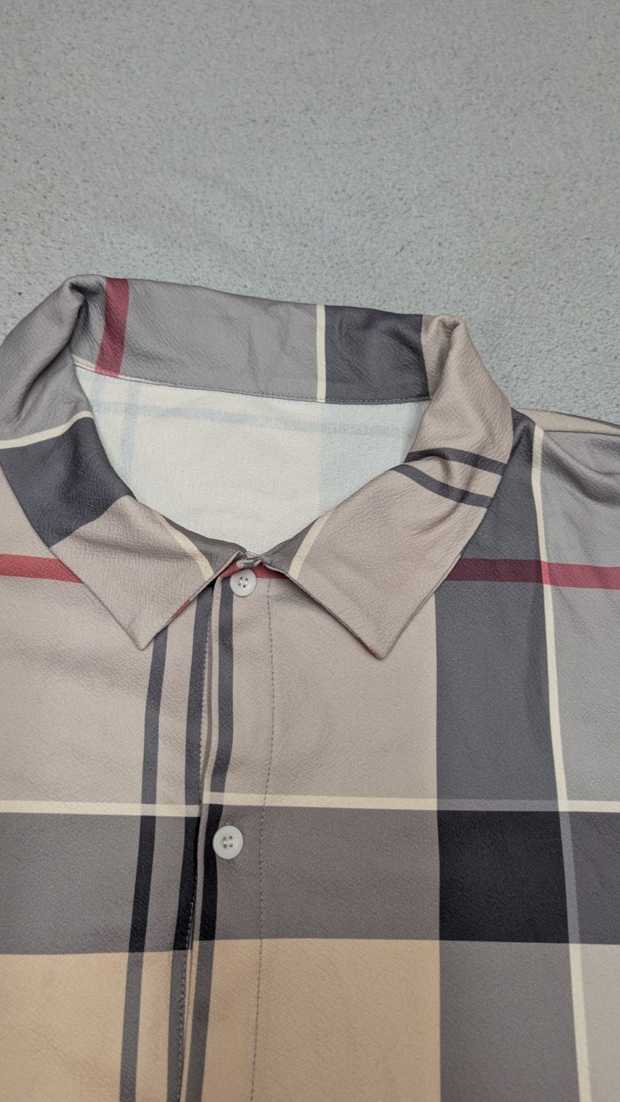 Men’s 6XL Gray Beige Plaid Button Front Shirt Long Sleeve Lightweight Stretch