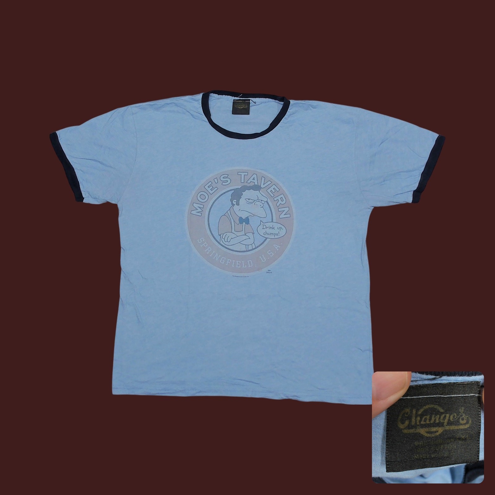 Vintage 2005 The Simpsons Moes Tavern Ringer T Shirt Mens XL Changes Y2K Blue