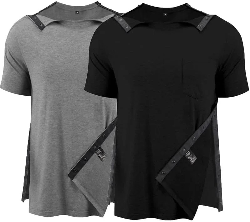 Post Shoulder Surgery Shirts for Men Full Snap Open Tear Away Short Sleeve T Shi