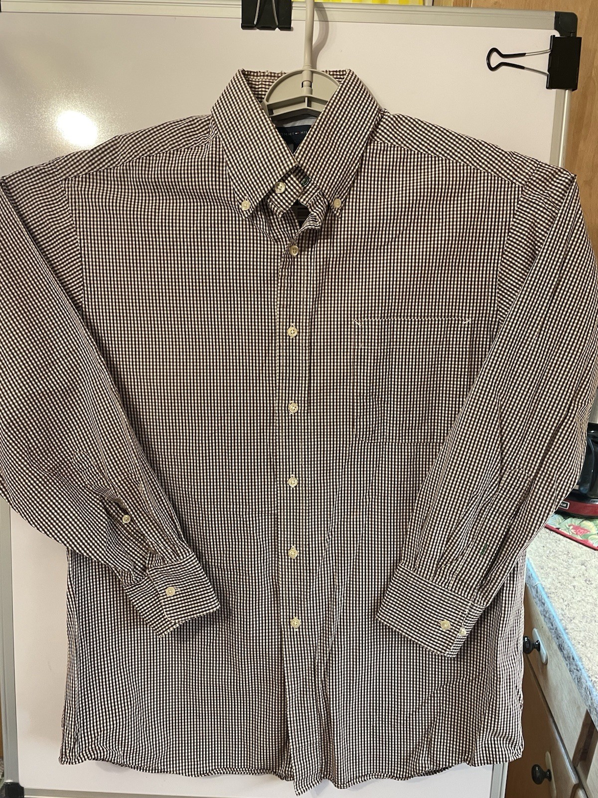 Tommy Hilfiger Mens Large Brown/White Check/Plaid Regular Fit Long Sleeve Shirt