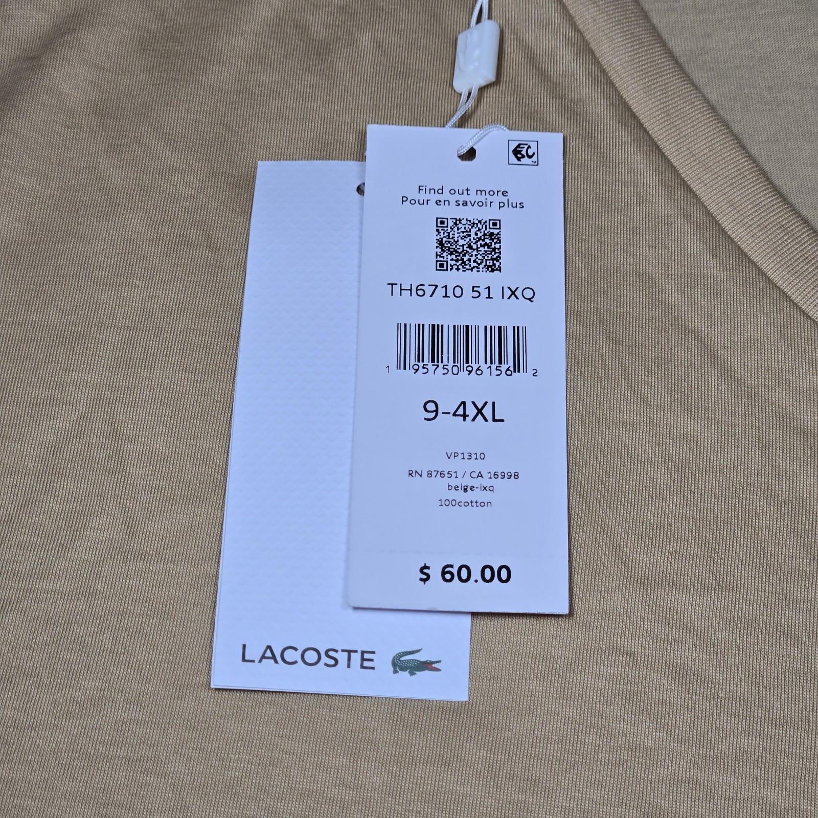 The Lacoste Men’s Lightweight Pima Cotton V-Neck T-Shirt FR 9-4XL Beige