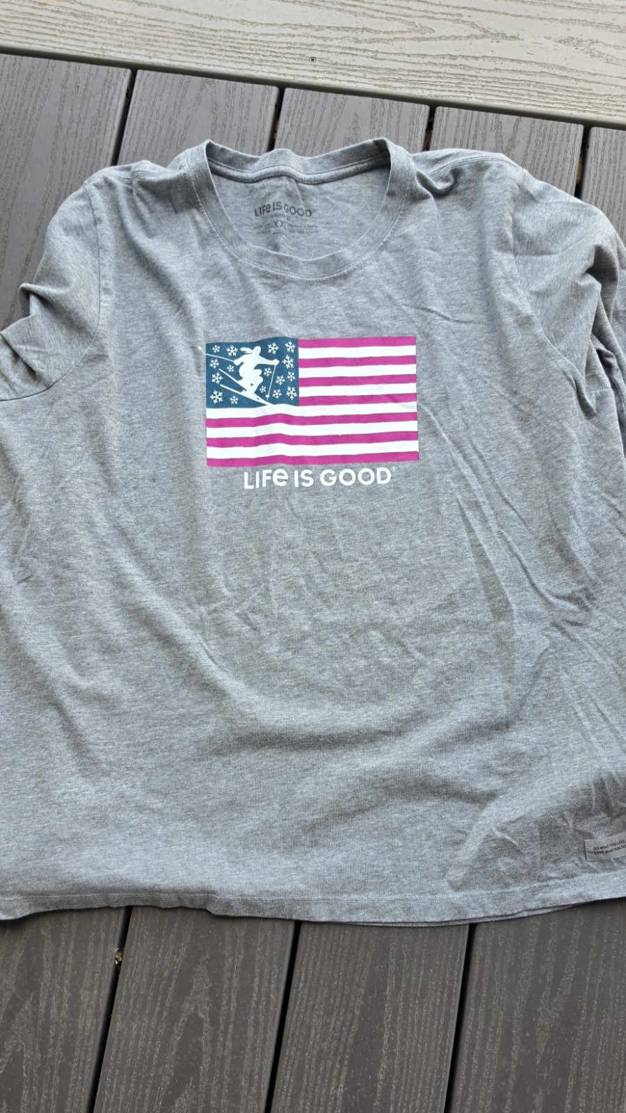 Life Is Good Shirt XXL Gray Crusher Tee USA Flag Snowboard Patriotic America