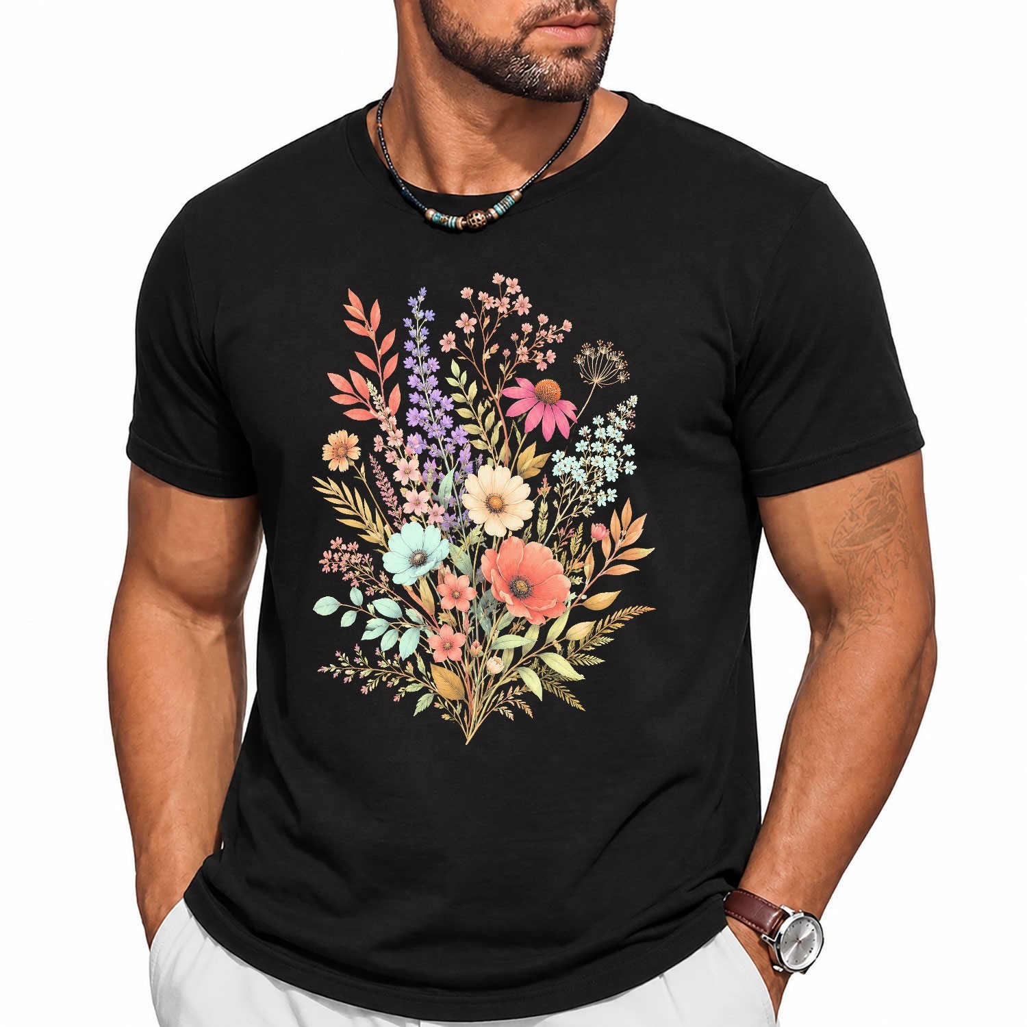 Colorful Flowers Floral Print Spring Season Women Garden Party Casual Tee Shirt