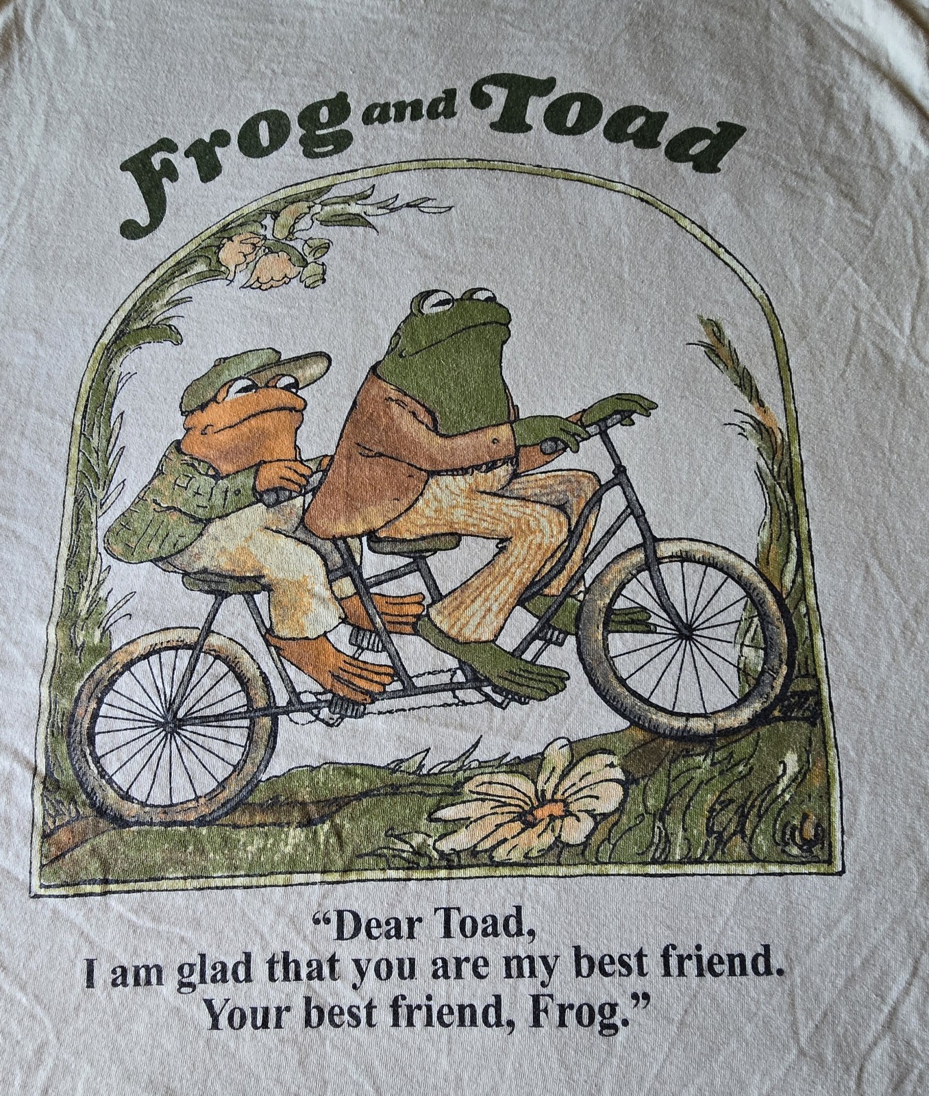 Men’s Frog and Toad T-Shirt White Cartoon L Spell-Out 70s Folk Art Eclectic Bike