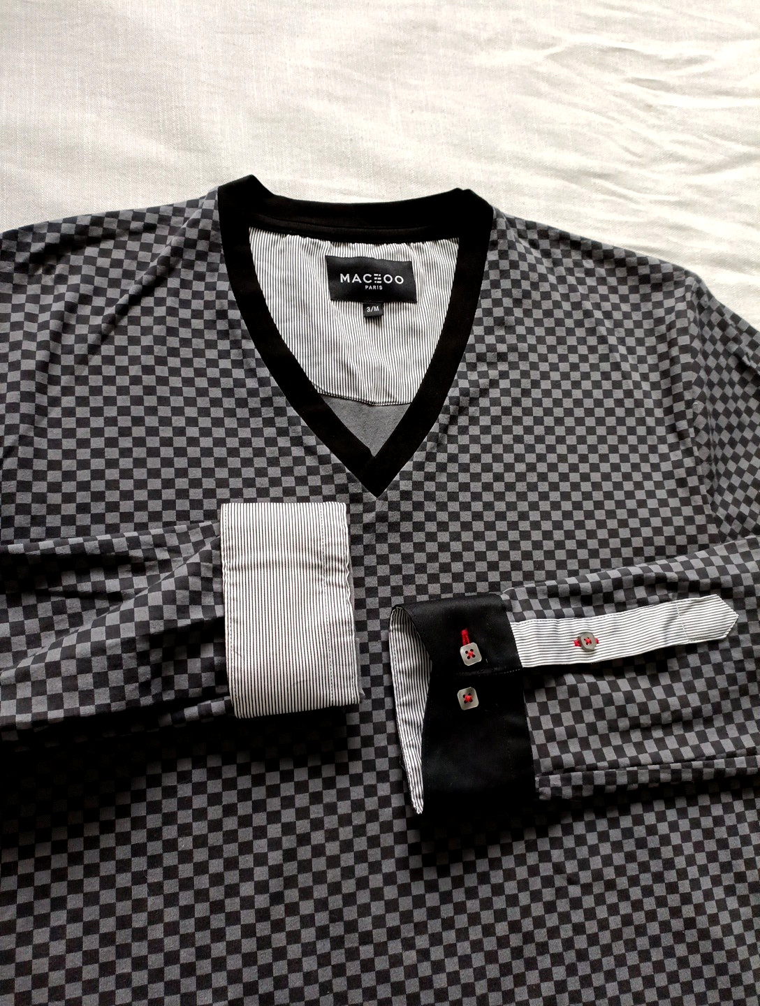 Maceoo Shirt Mens 3 Medium V-Neck Jacquard Square Grey Flip Cuff Roll-up Sleeve