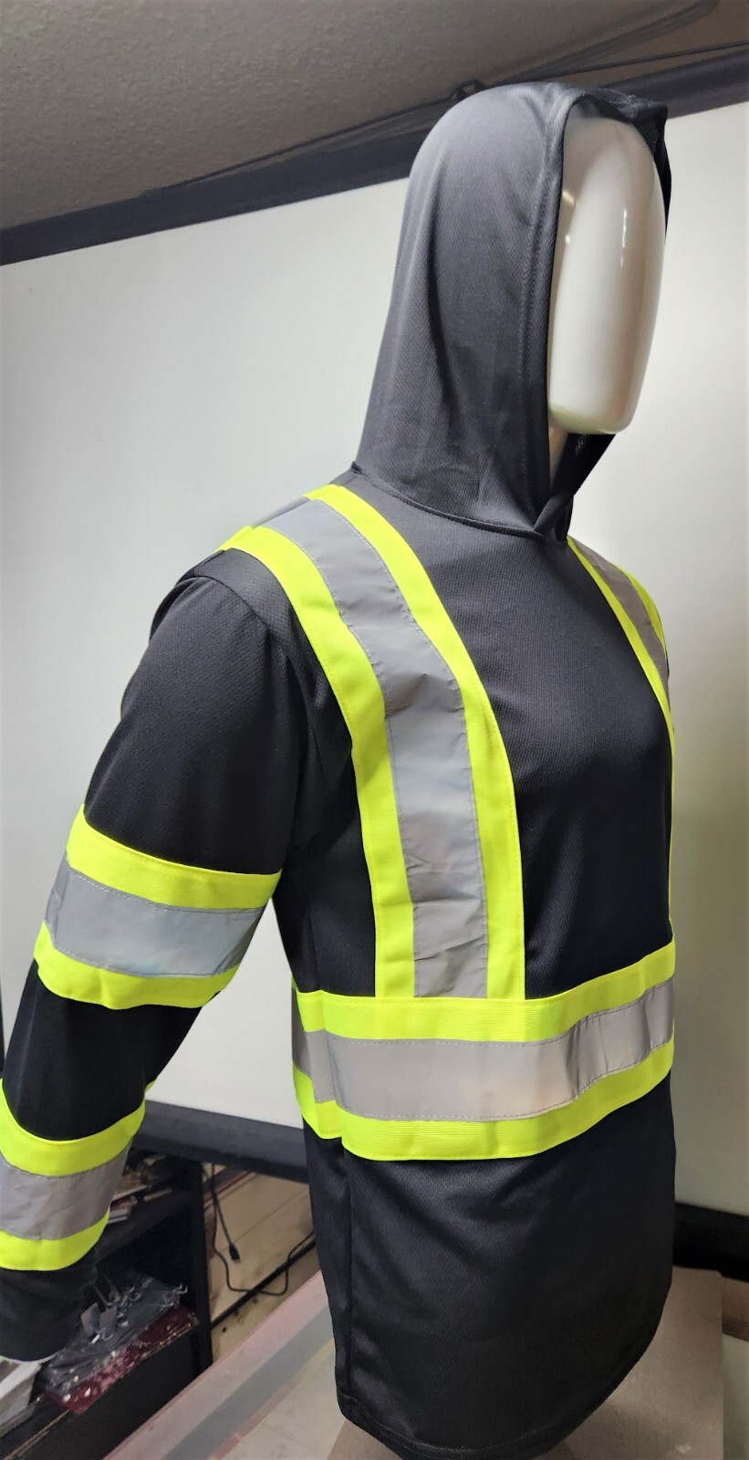 Black Long Sleeve Safety Shirt With Hoodie, Polyester Birdeye mesh Class 1