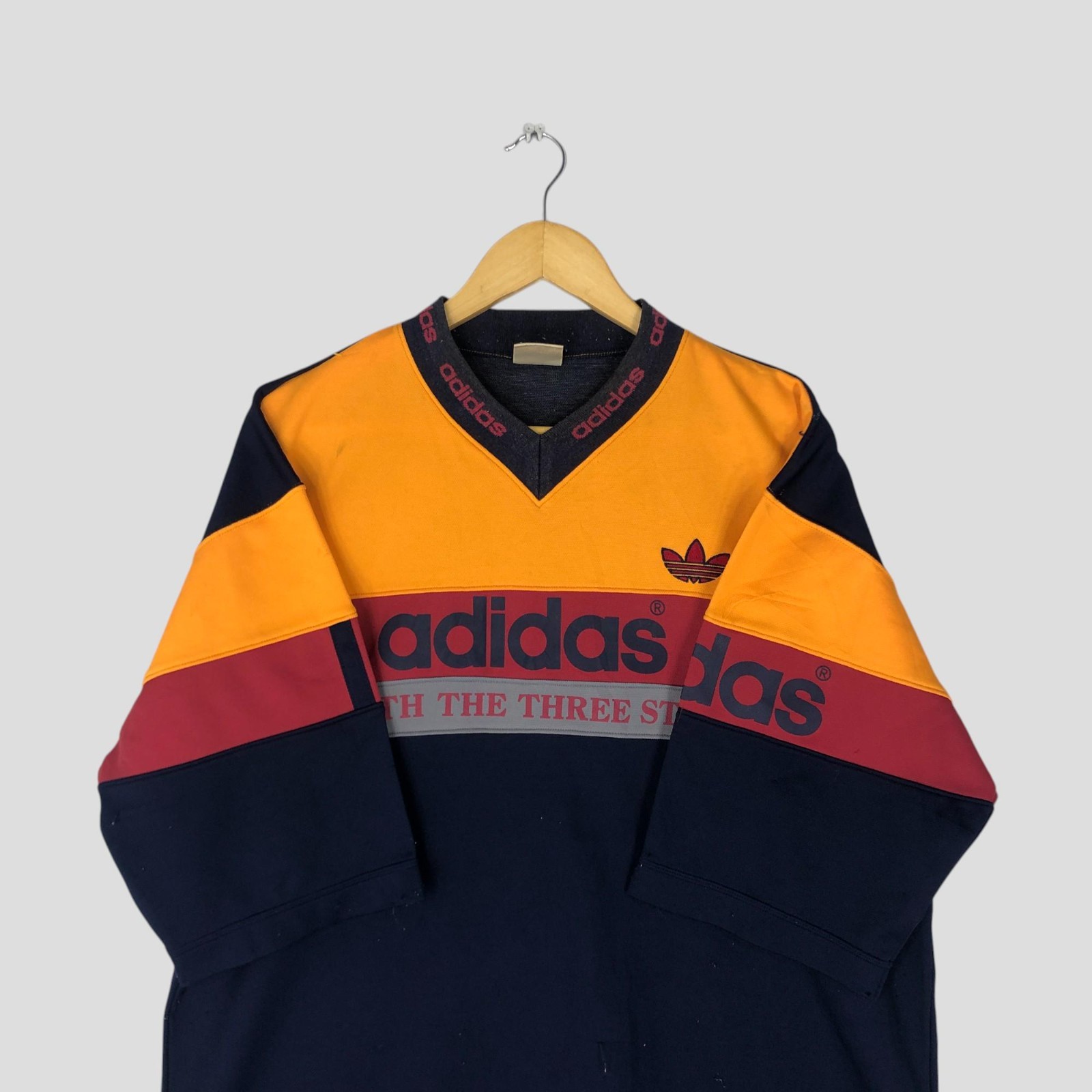 Vintage 90s Adidas Trefoil Jersey Tee – Large Colourblock V Neck