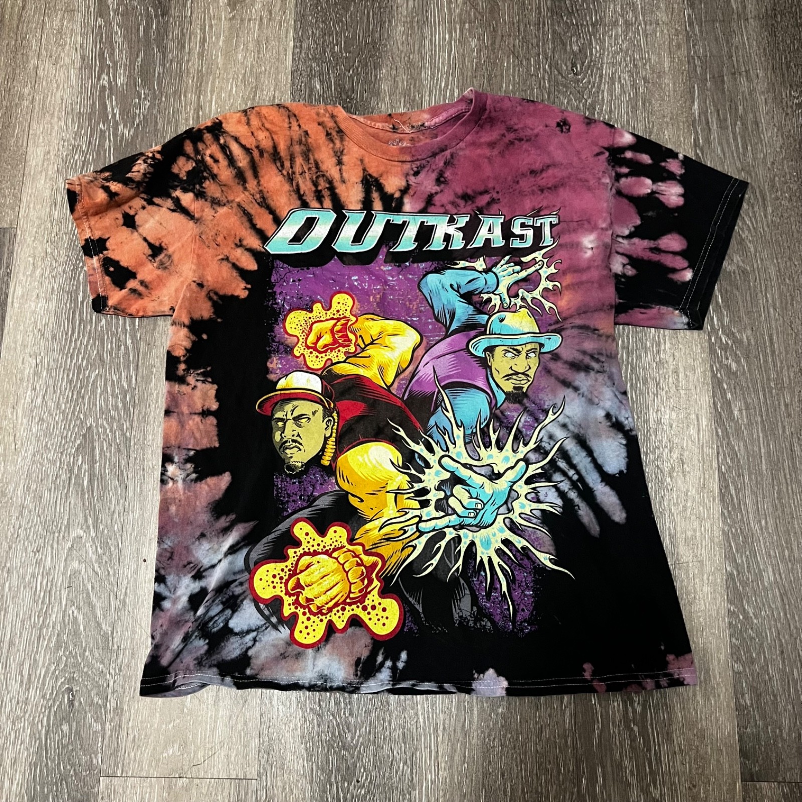 Outkast Bleach Wash Tie Dye Shirt Black Orange Purple Medium Large