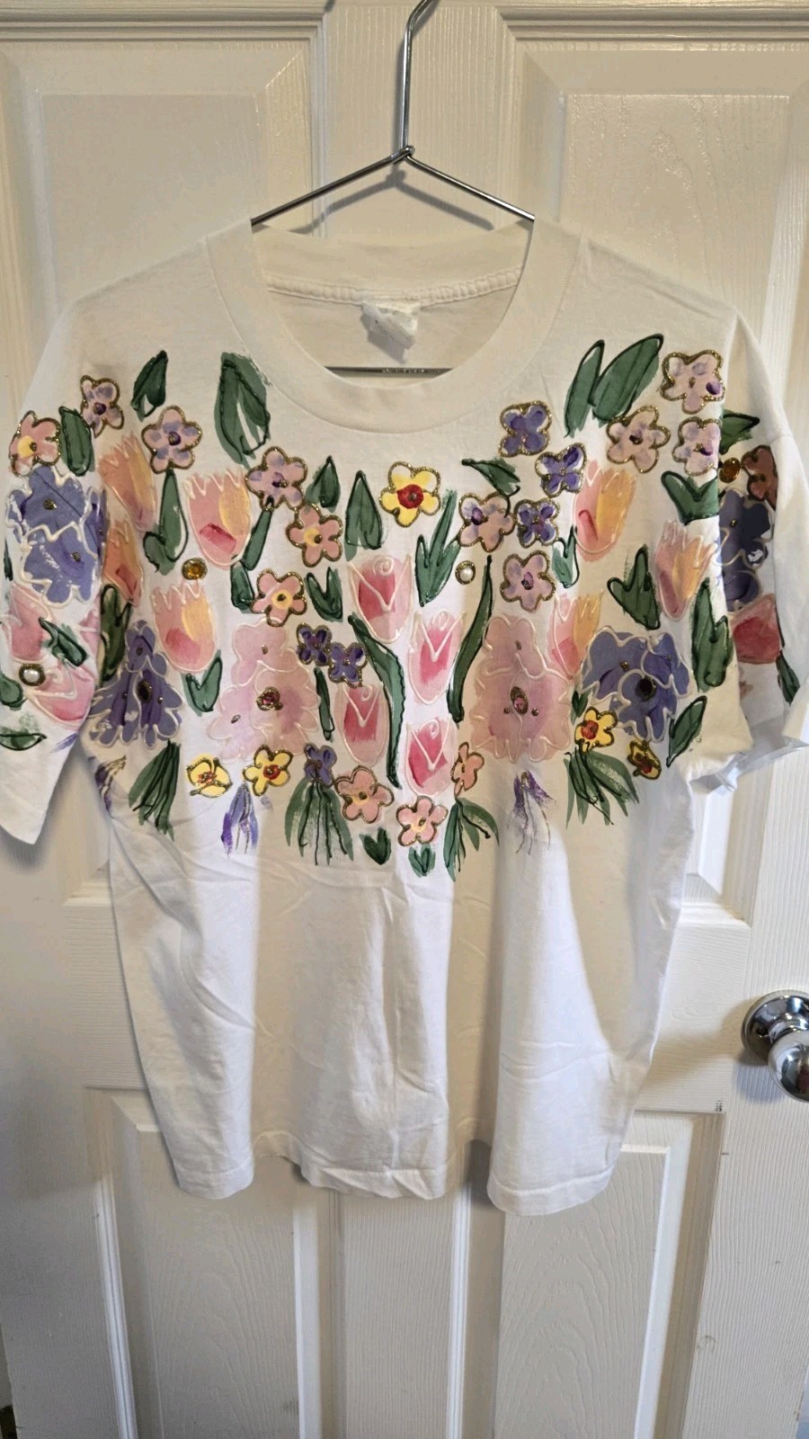 Hand Painted Floral T Shirt Single Stitch Vtg USA Rhinestone Art Tee OSFA M/L