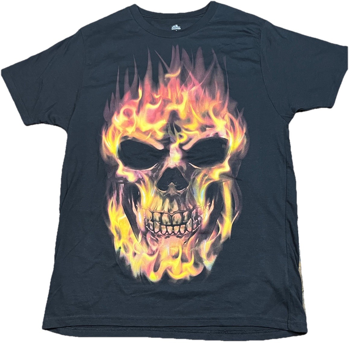 Way to Celebrate Black Flaming Skull Graphic Print Biker T-Shirt Mens Medium