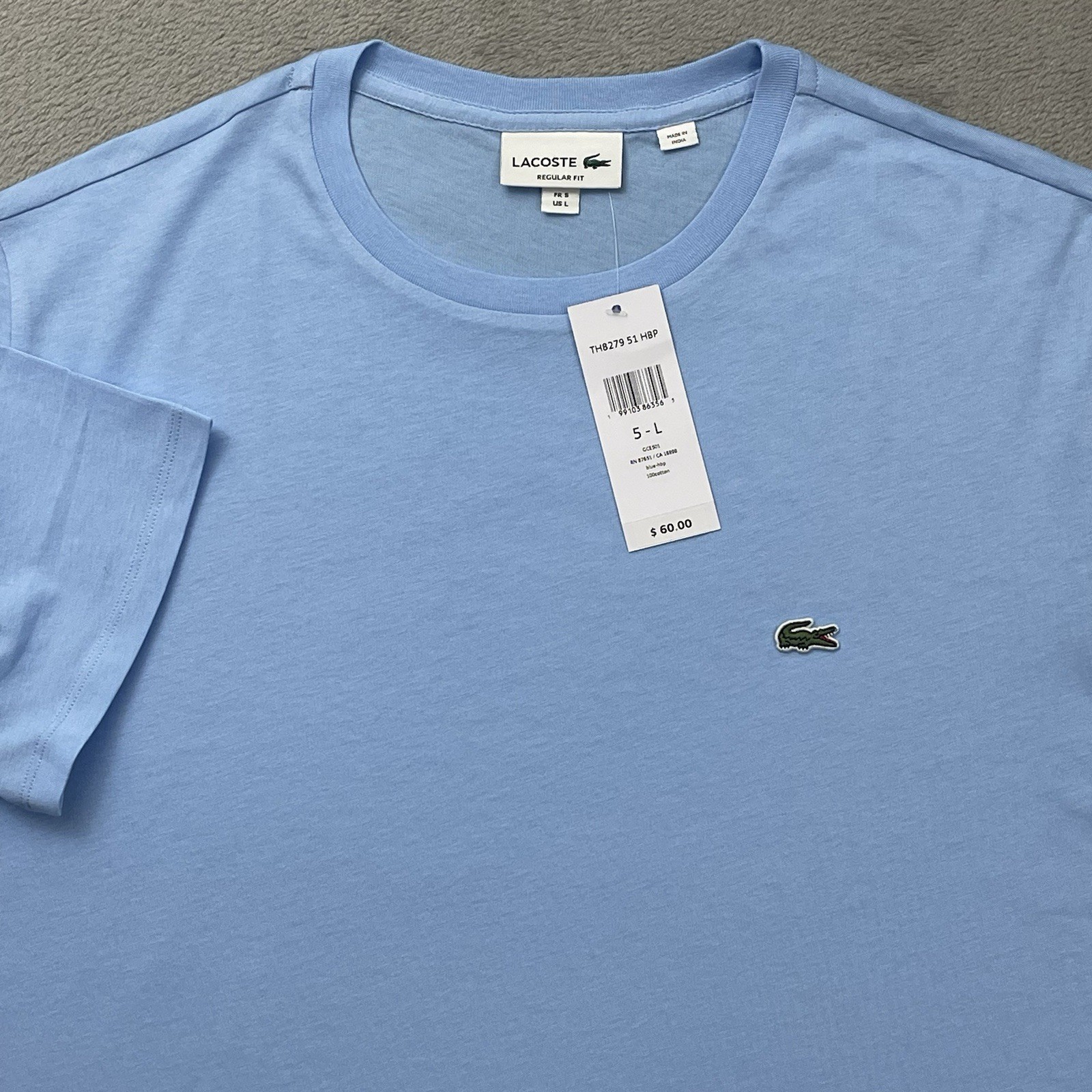 Lacoste T-Shirt Regular Fit Men’s L Solid Light Blue Cotton Logo Crew Neck NWT