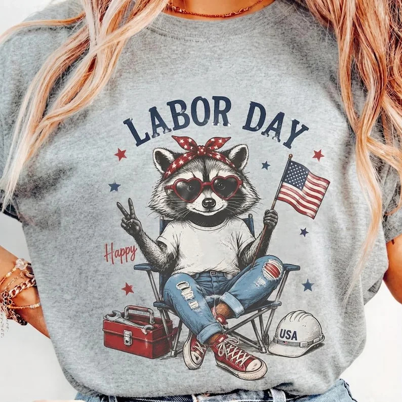 Happy Labor Day Shirt Cute Raccoon American Flag Patriotic Holiday Graphic Tee