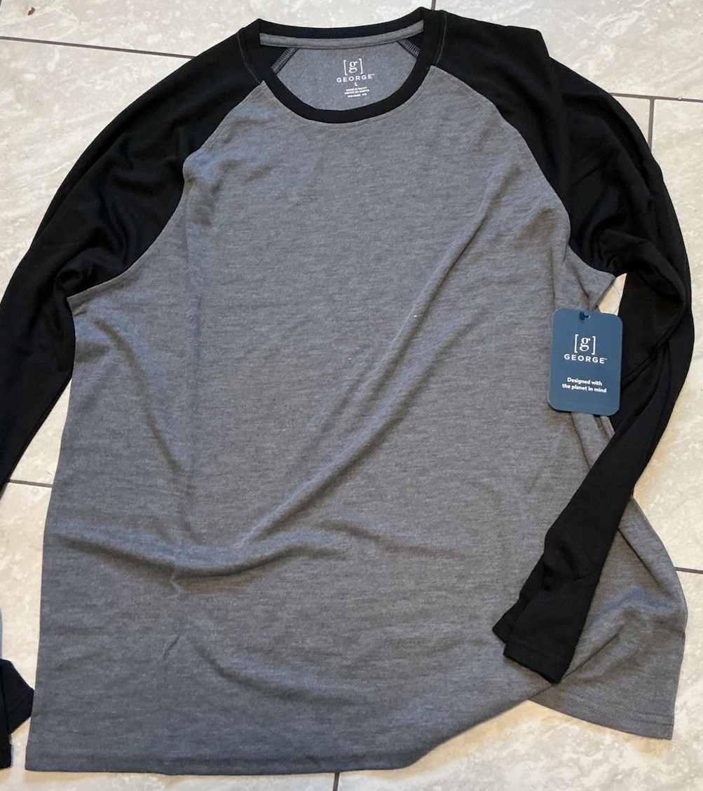 George Mens & Big Men’s Long Sleeve Raglan 2-color Tee Size L Black On Charcoal