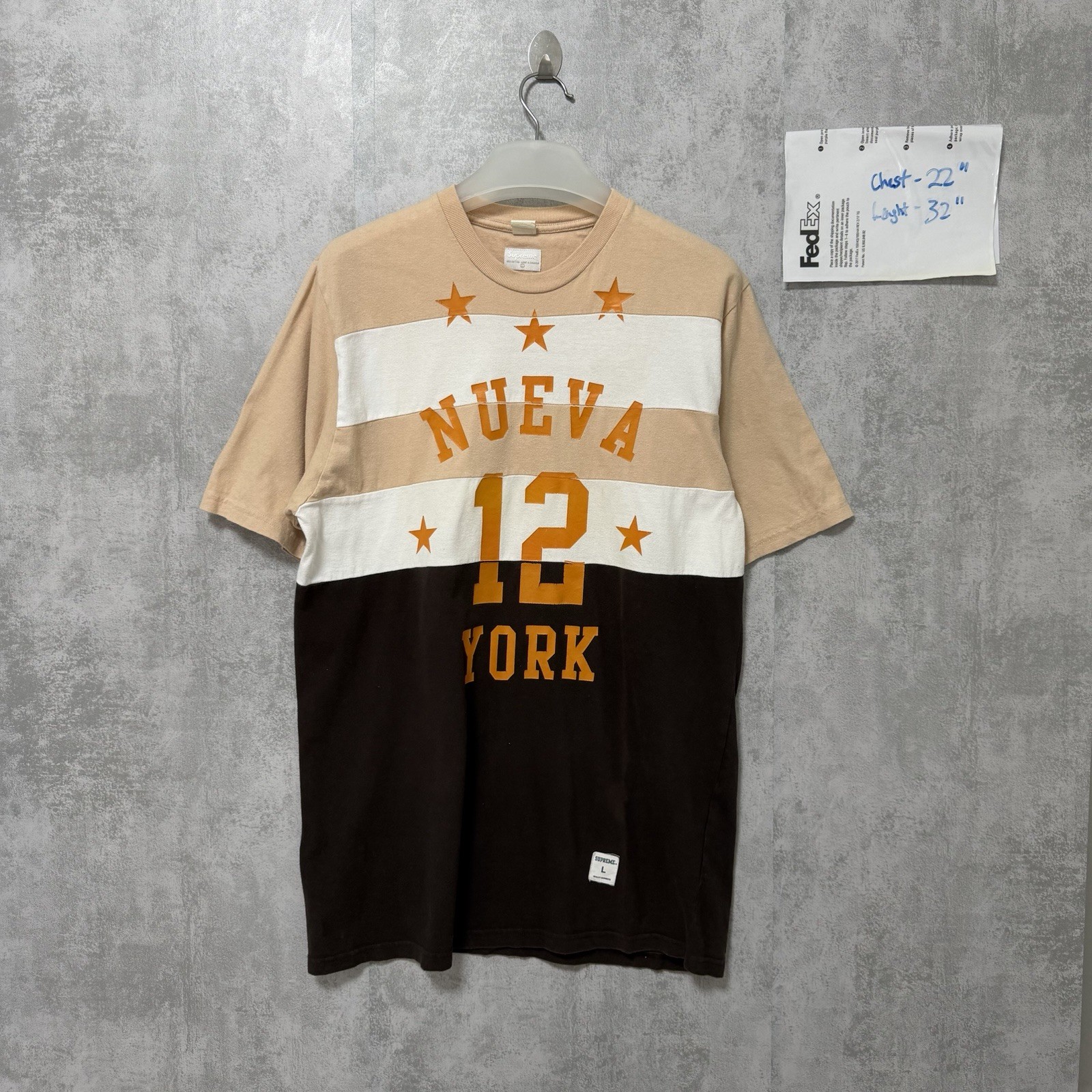 Vintage OG 2007 Supreme Nueva York 12 Football Jersey T-Shirt Brown Tan Stars L
