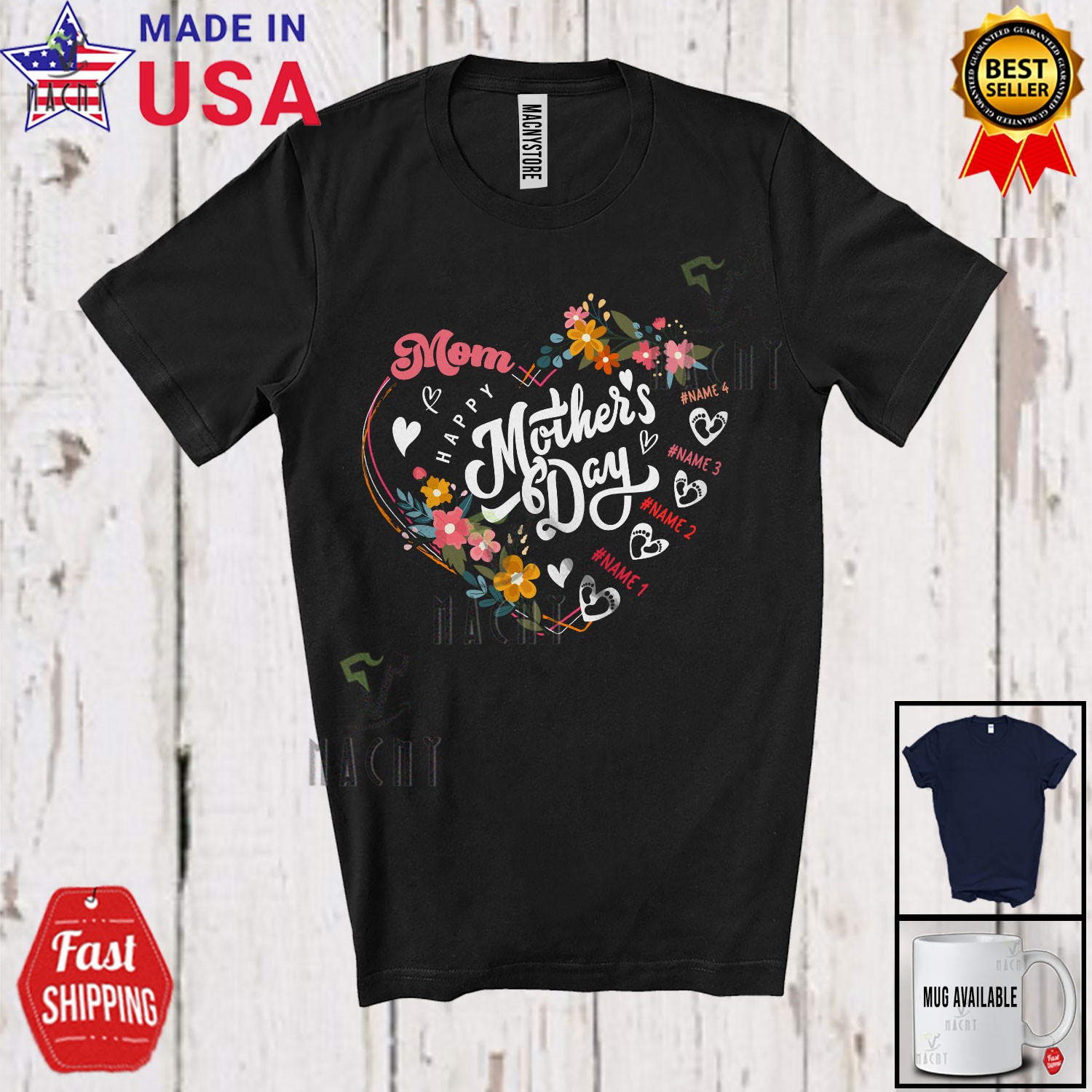 Happy Mother’s Day Mom; Lovely Flowers Heart Shape; Custom Name Family T-Shirt
