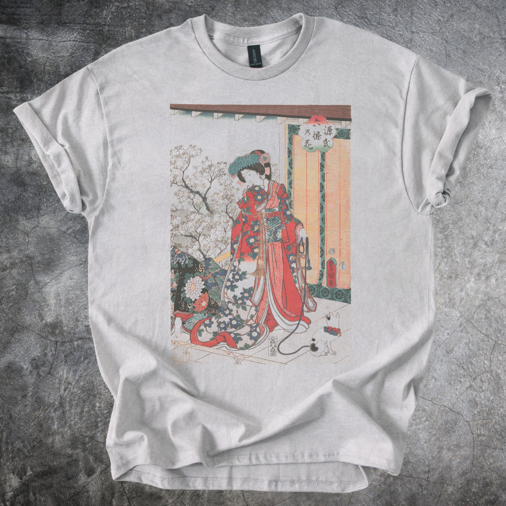 Geisha Kimono Artwork Shirt Japanese Floral Print Graphic Tshirt Gray