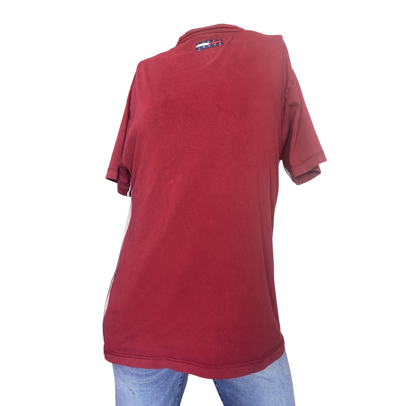 Vintage Tommy Jeans Mens Large Red V Neck Pocket T Shirt Flag Logo 90s