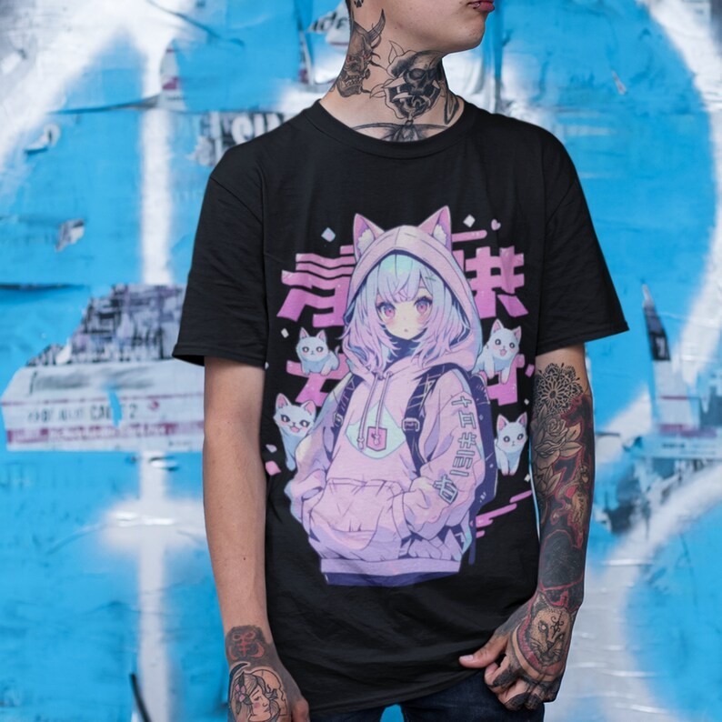 Pastel Goth Anime Mystic Cat Oversized T-shirt | Harajuku Streetwear