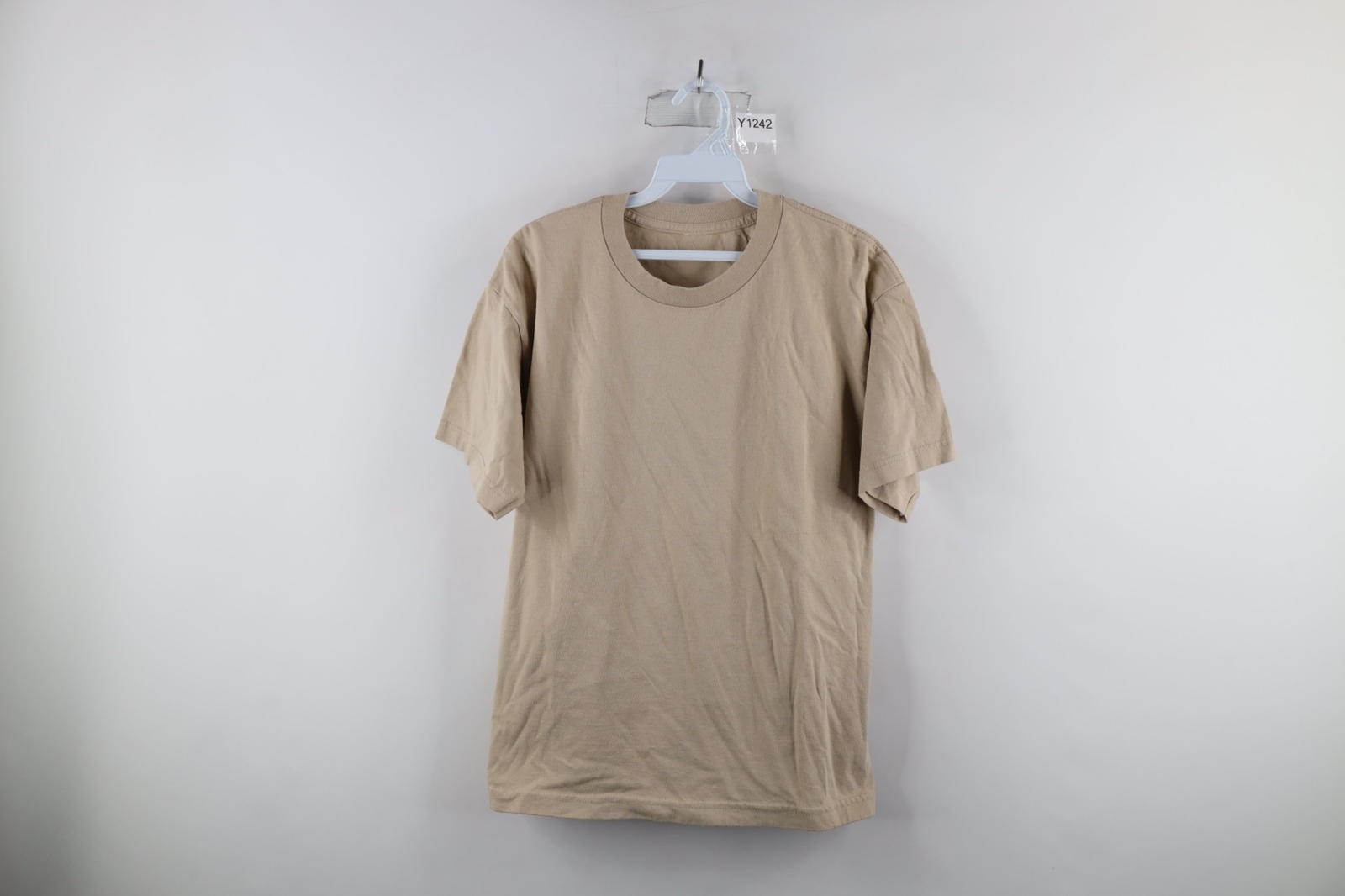 Vintage 90s Streetwear Mens Small Faded Blank Short Sleeve T-Shirt Beige Cotton