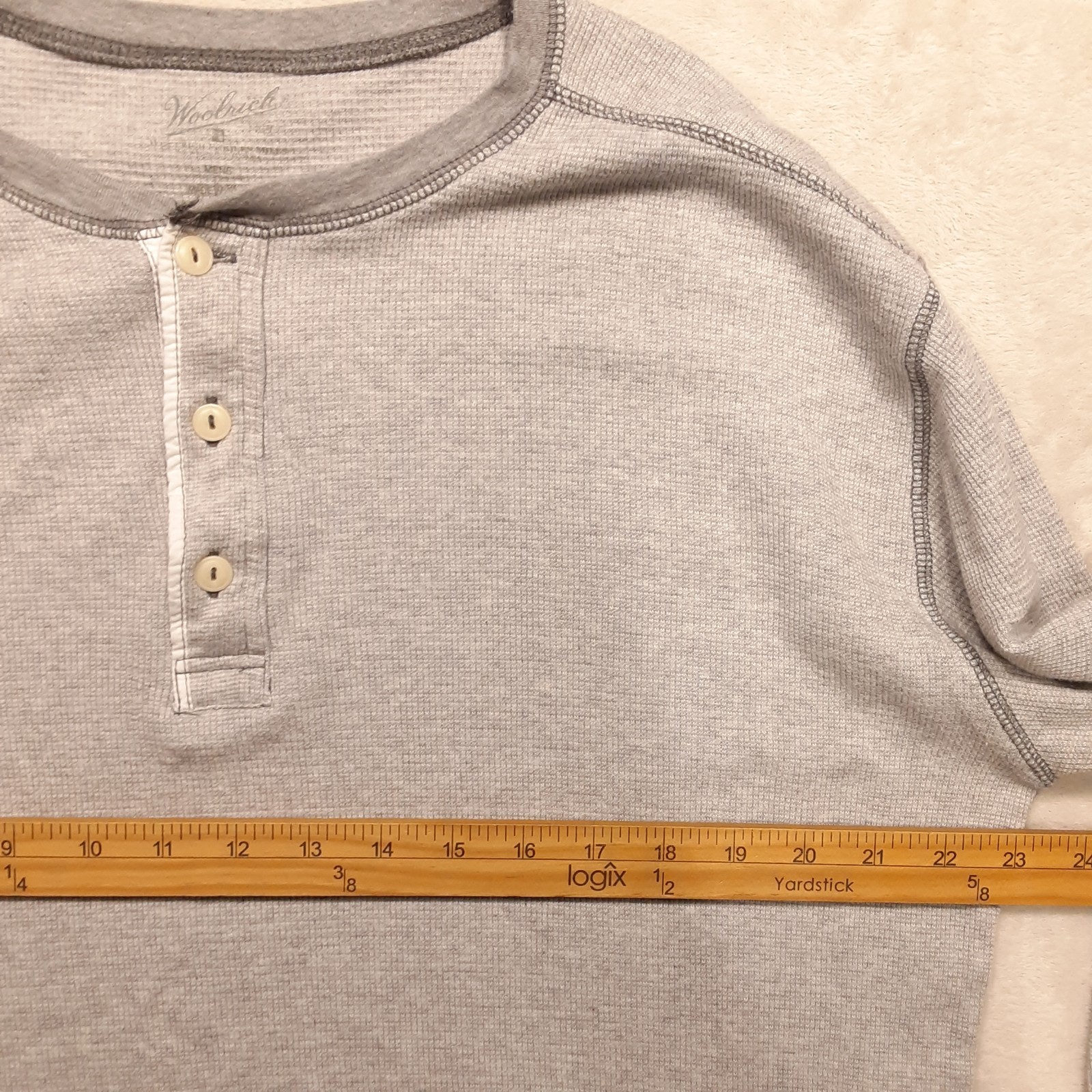 Woolrich Mens Lightweight Stretch Cotton Henley Thermal L Gray Waffle Knit LS