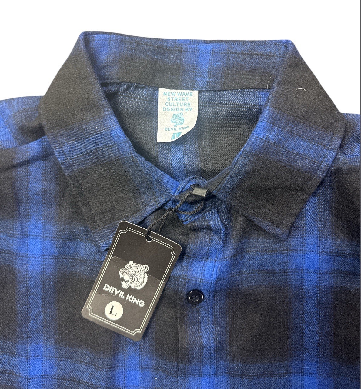 Devil King Sleeveless Flannel Shirt L NWT Plaid Biker Cutoff Vest Blue