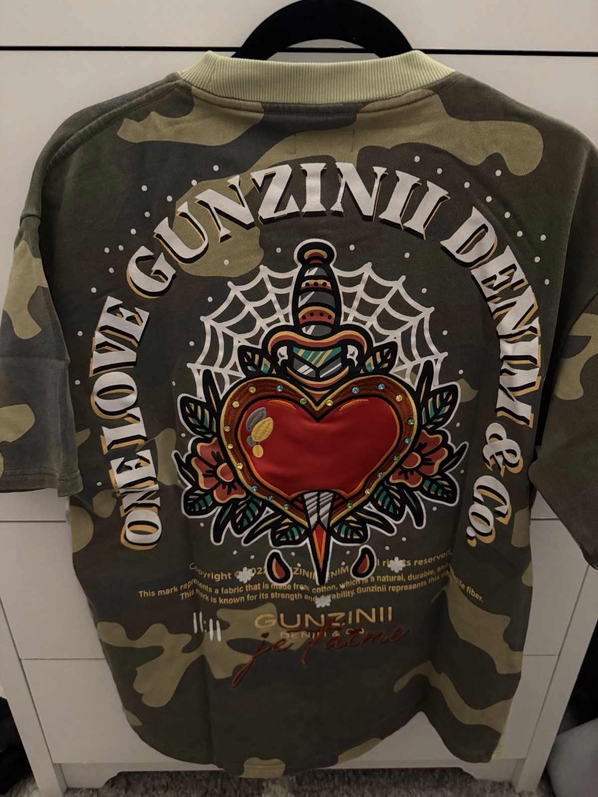 GUNZINII Denim & Co. Camouflage Heart Tattoo Graphic Crew Neck T-Shirt
