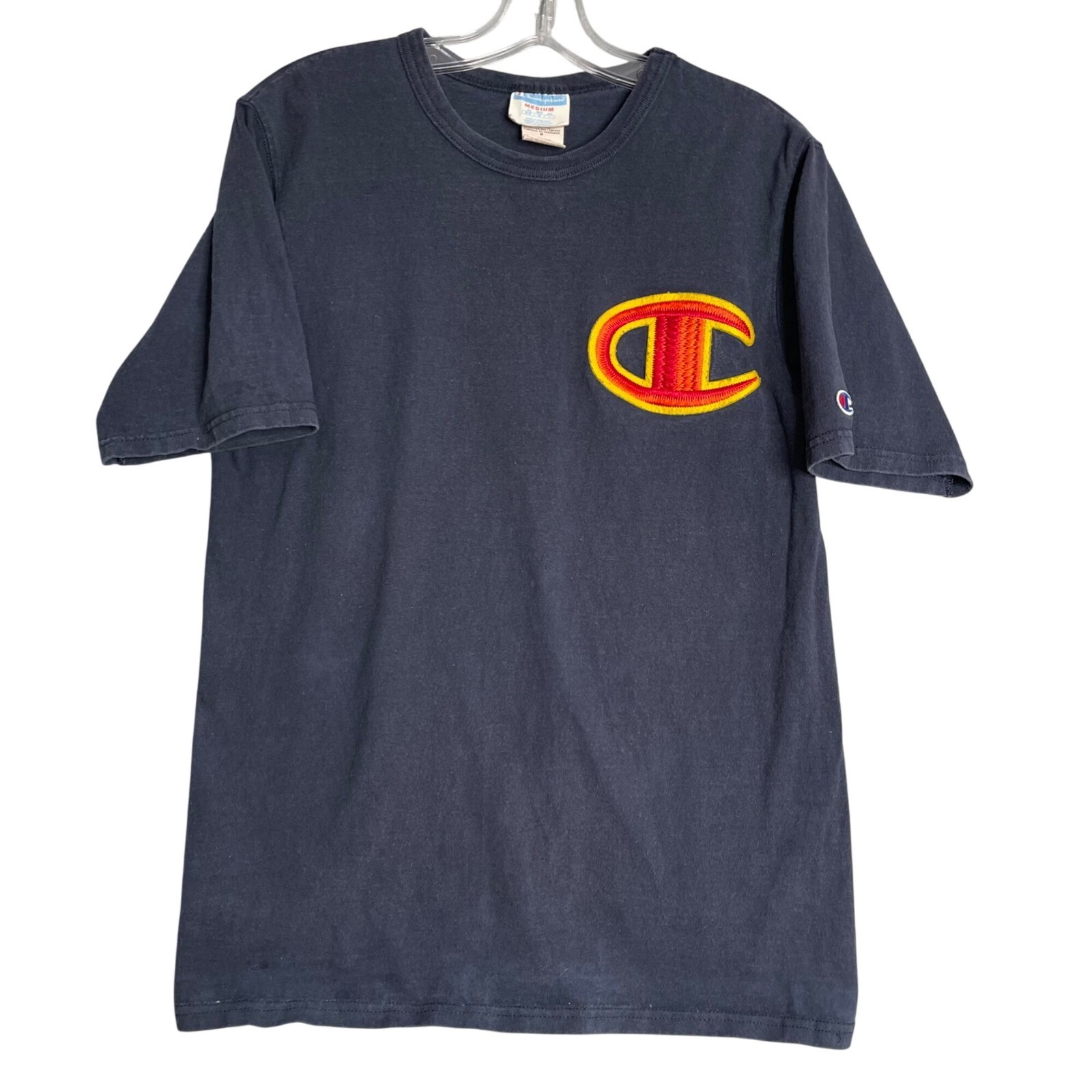 Vintage Champion Big C Logo Embroidered T Shirt Mens M Navy Blue Sportswear