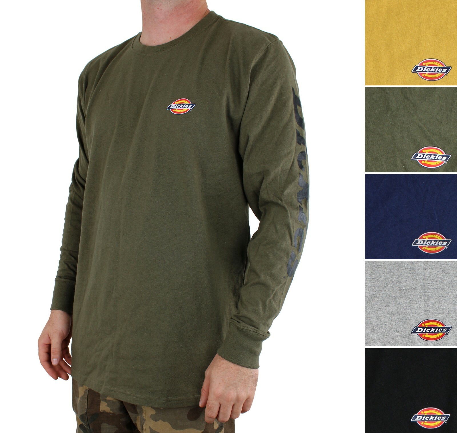 Dickies Men’s T-Shirt Long Sleeve Logo Print Heavyweight Crew Neck 100% Cotton