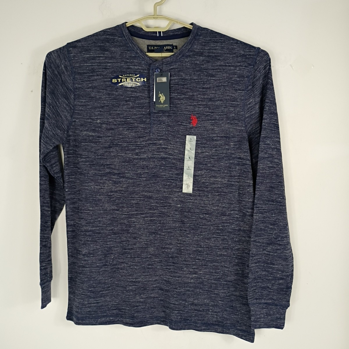 New US Polo Assn Mens Henley Shirt Blue Waffle Knit Long Sleeve Large 11406701
