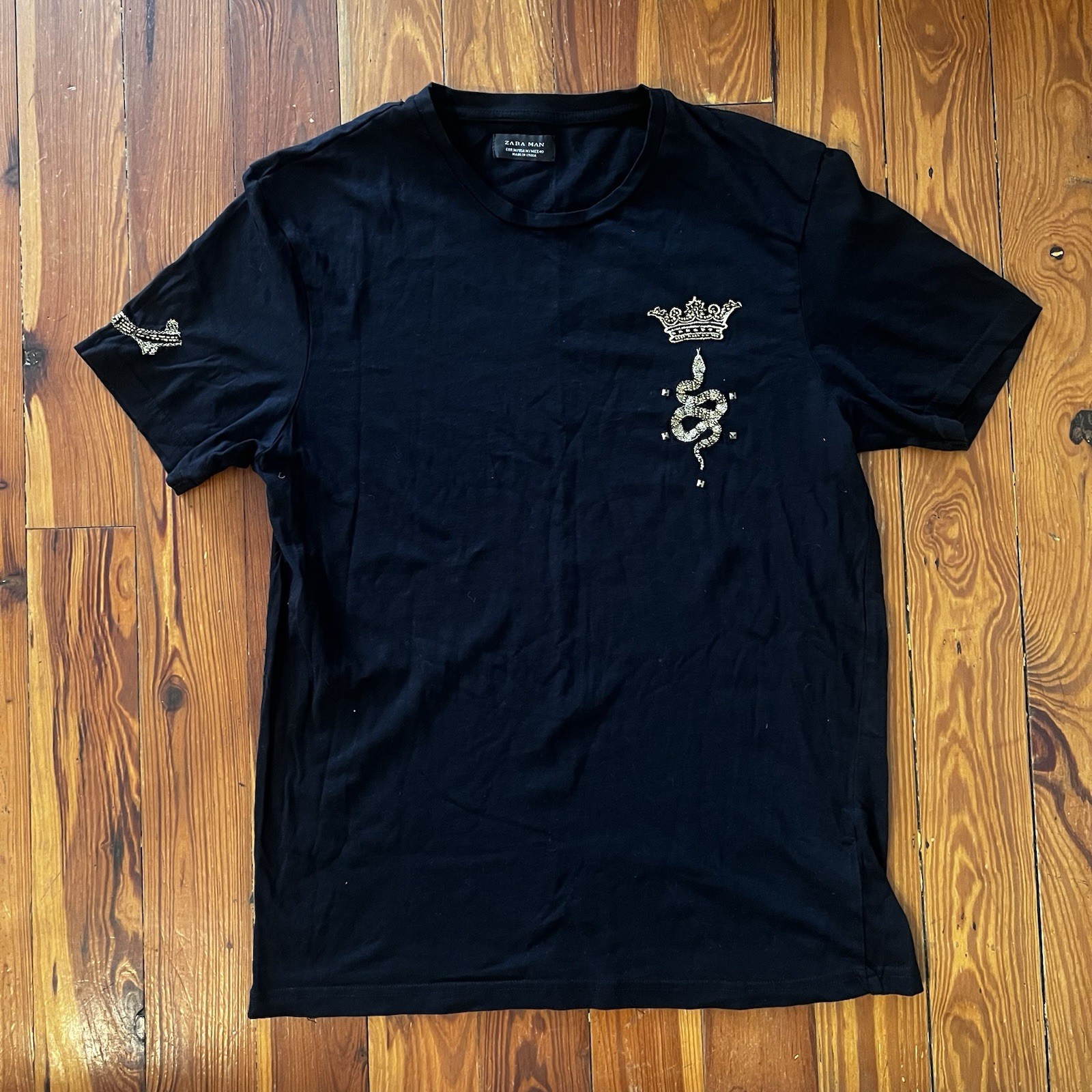 ZARA Man Black Beaded Sequin Snake Crown Embroidered T-Shirt Size M