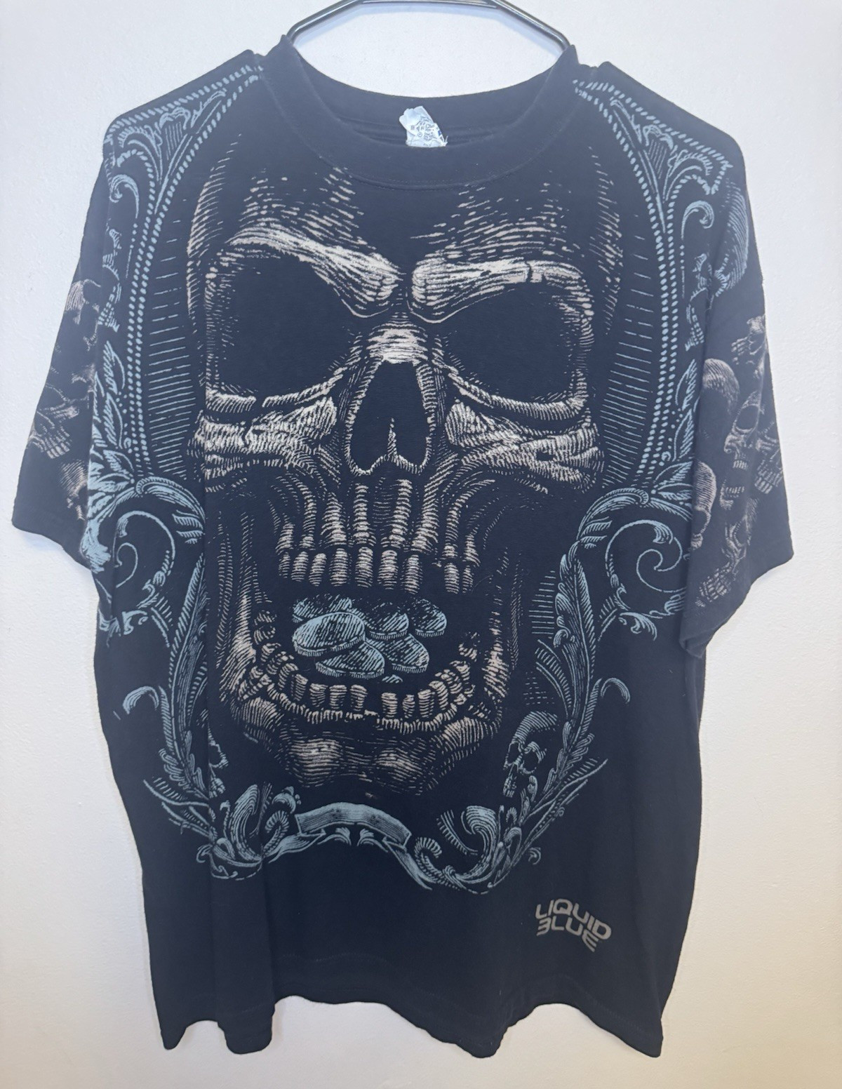 Vintage Liquid Blue Omnia Mors Aequat Skull T Shirt Large Gothic Occult Y2K AOP