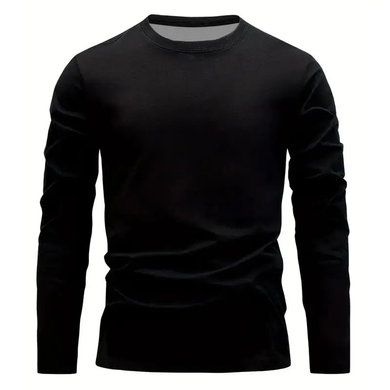 Spring and Autumn Men’s Solid Color Round Ne T-shirt 100% Polyester Fiber Casu