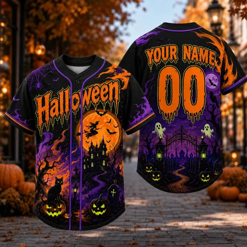 Custom Halloween Spooky Castle & Witch Baseball Jersey, Personalized Name,Number