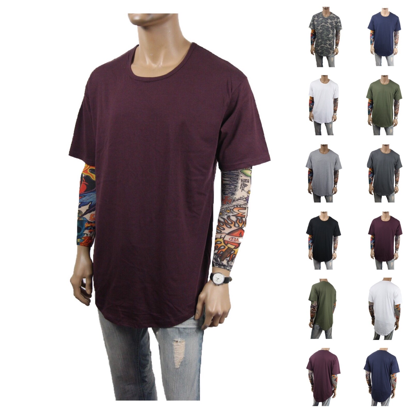 New Mens T-Shirt Long Extended Fashion Lightweight Tee Casual Hipster Crew Neck