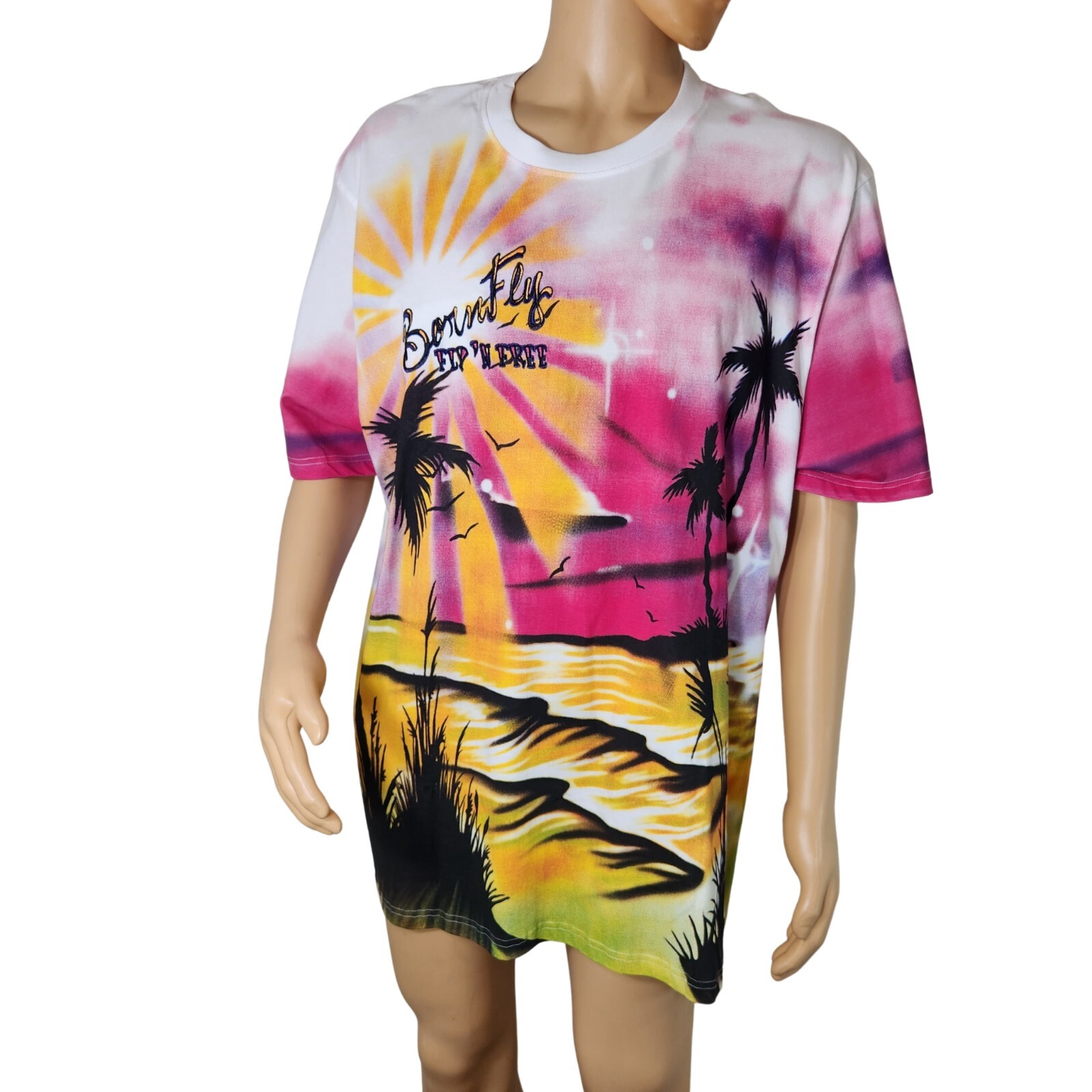 Born Fly Graphic T-Shirt Mens 2XL Pink Yellow Airbrush Beach Sunset Cotton NWT