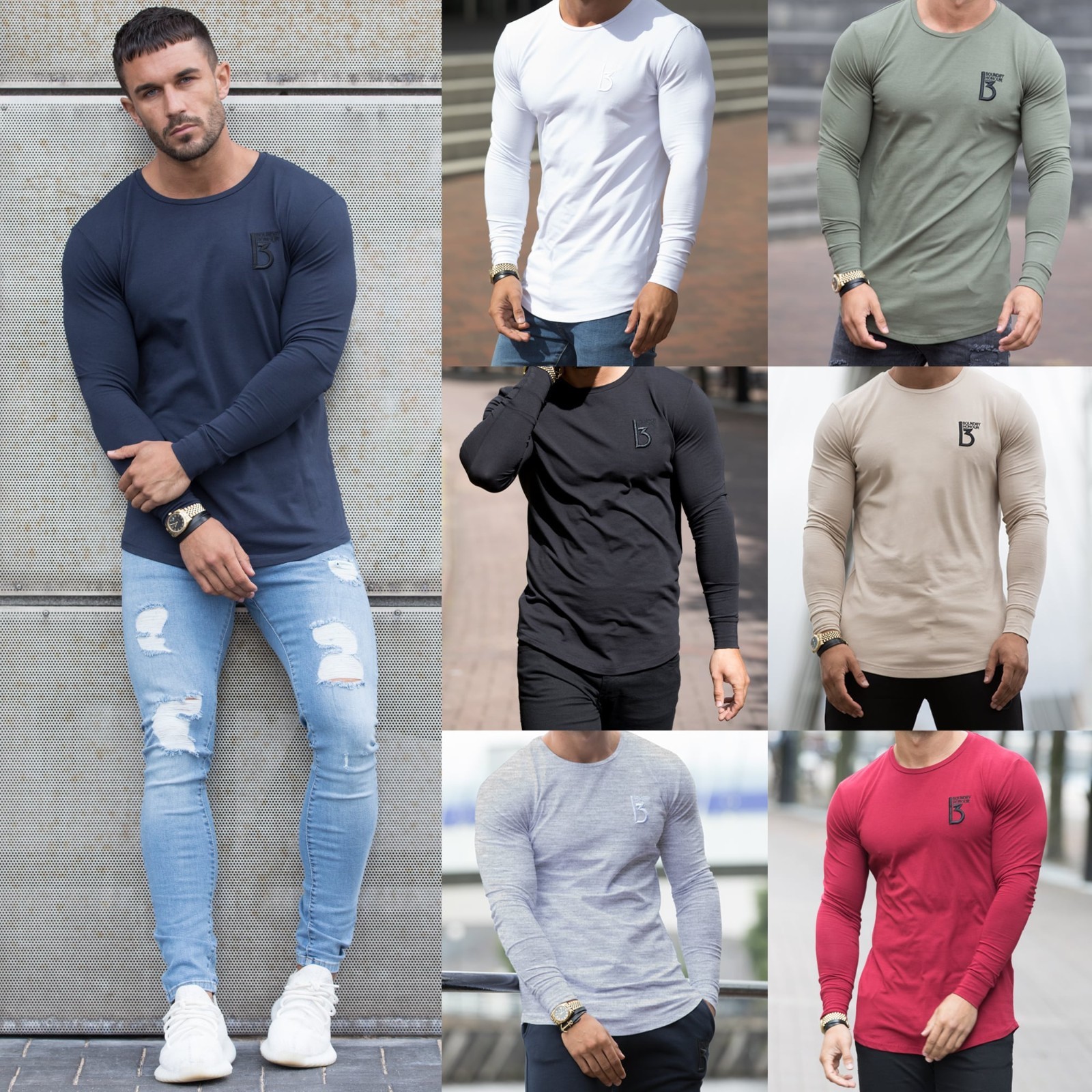 Mens Slim Muscle Fit Long Sleeve T Shirt Gym Designer Plain Curved Hem Tee Top