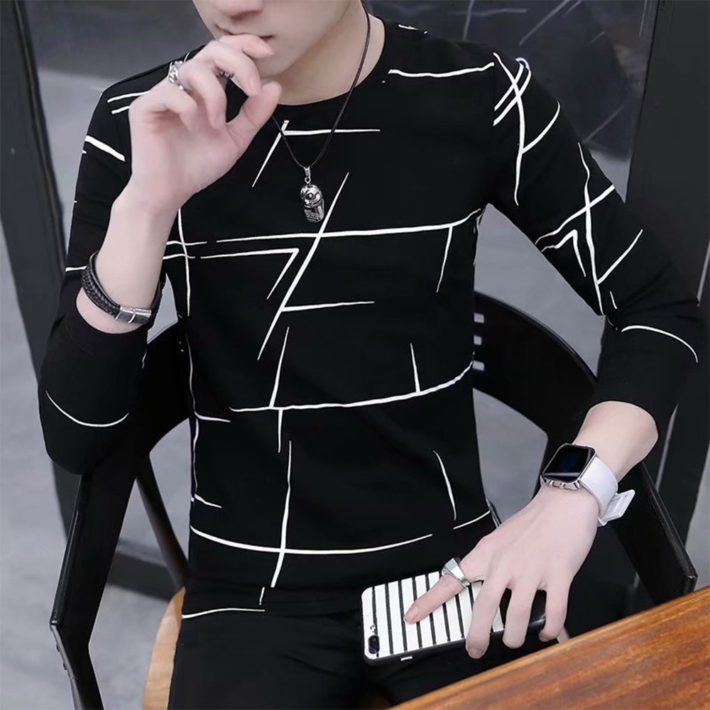 Mens O Neck Print T-shirt Blouse Pullover Long Sleeve for Slim Fit Muscle Tops