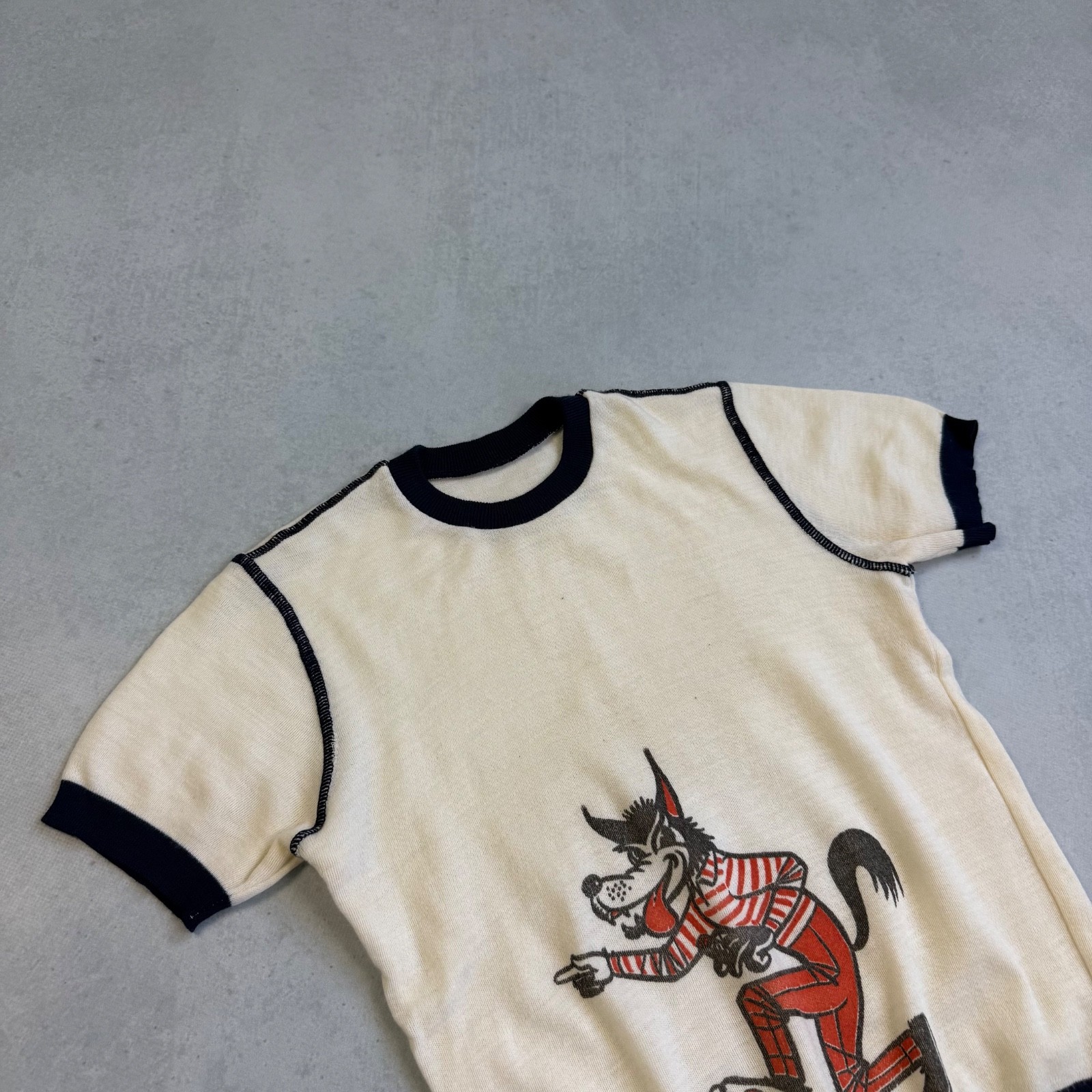 VINTAGE 60’s ACKERMANN BIG BAD WOLF CARTOON ACRYLIC KNIT TEE T-SHIRT YOUTH 164CM