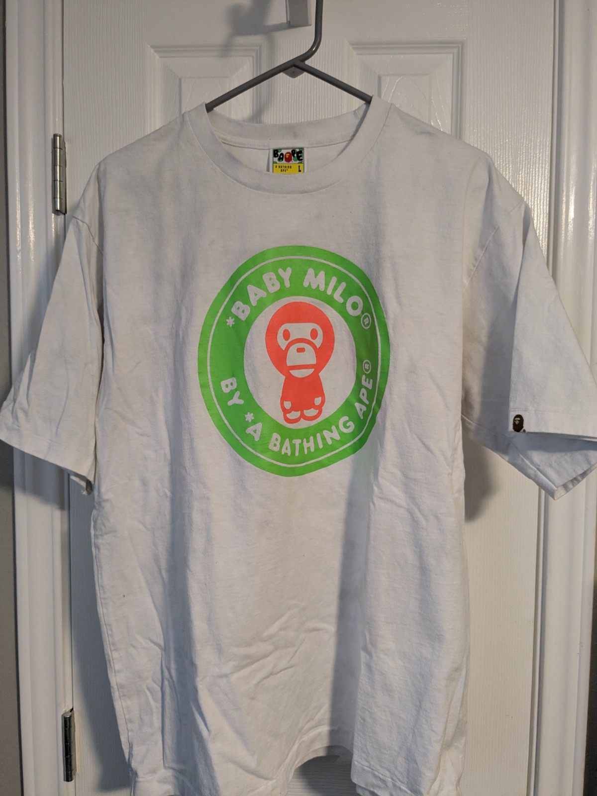 Men’s A Bathing Ape Baby Milo White with lime green and orange t-shirt size L