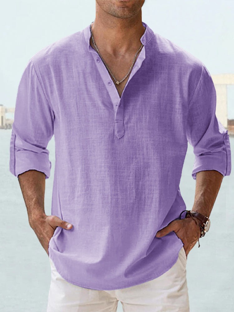 Men’s Casual Henley Shirt Long Sleeve Linen Cotton Loose Fit Summer T-Shirt