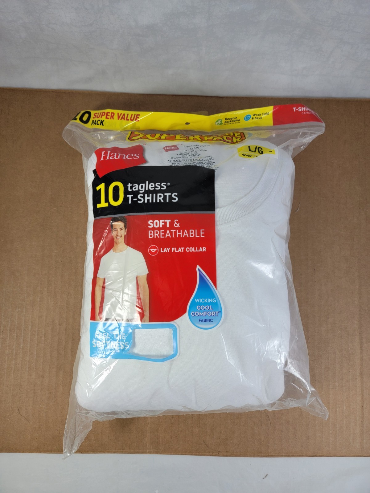 Hanes Men’s 10-Pack White Crewneck T-Shirts Size Large Tagless Super Value Pack