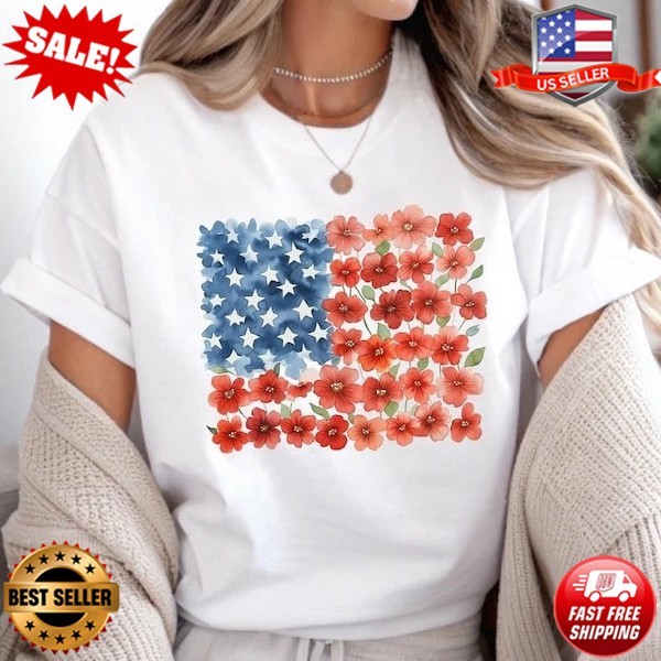 Floral American Flag Shirt, Patriotic Flower T-Shirt | S-5XL multicolor