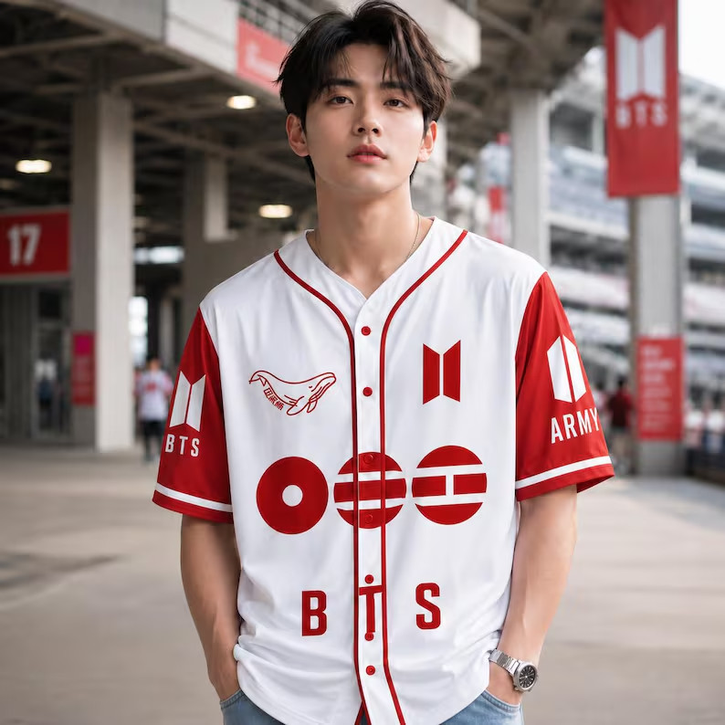 White Red Raglan Sleeve Kpop Concert Baseball Jersey Shirt Graphic Fan Made Top