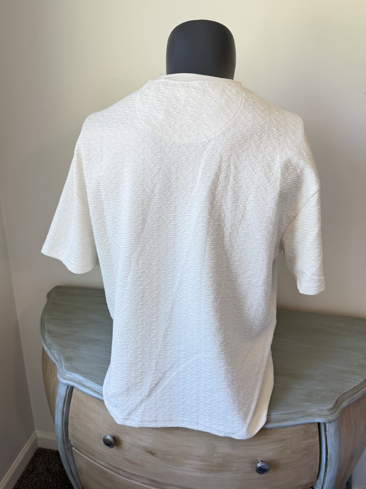 Textured Knit Tee Shirt Beige Cream Pattern Short Sleeve Mens M Cream Ivory Ecru