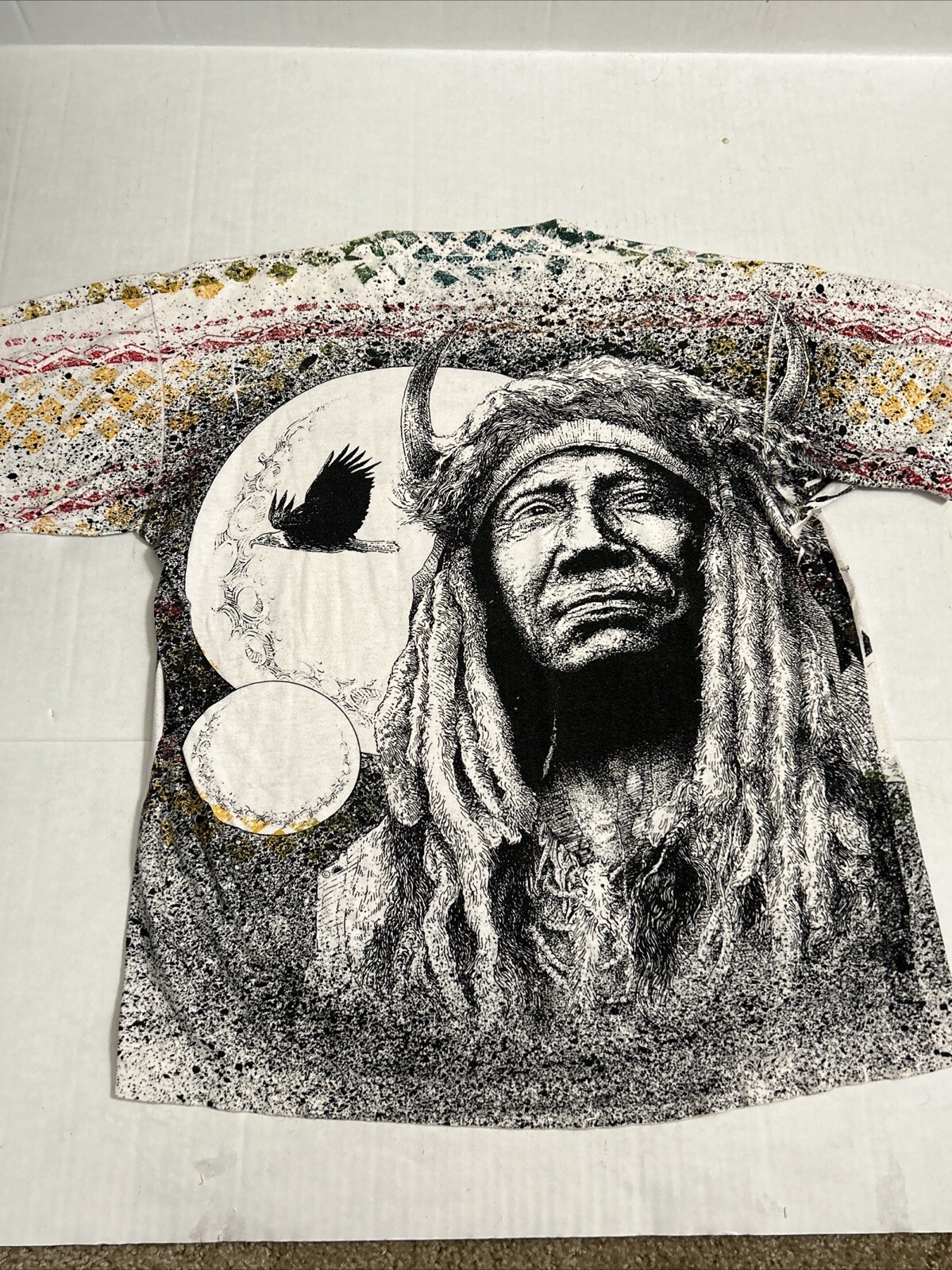 Single Stitch Native American Indian Chief 1991 All Over Print T Shirt 90s S/M