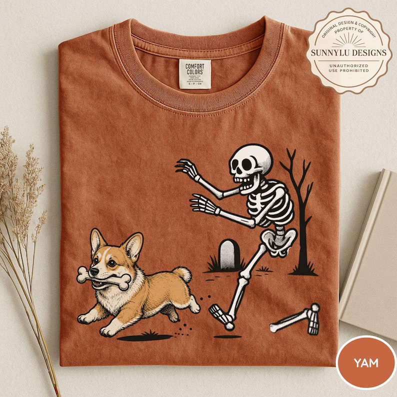 Corgi Dog Halloween T Shirt Funny Skeleton Stealing Bone Graphic Tee