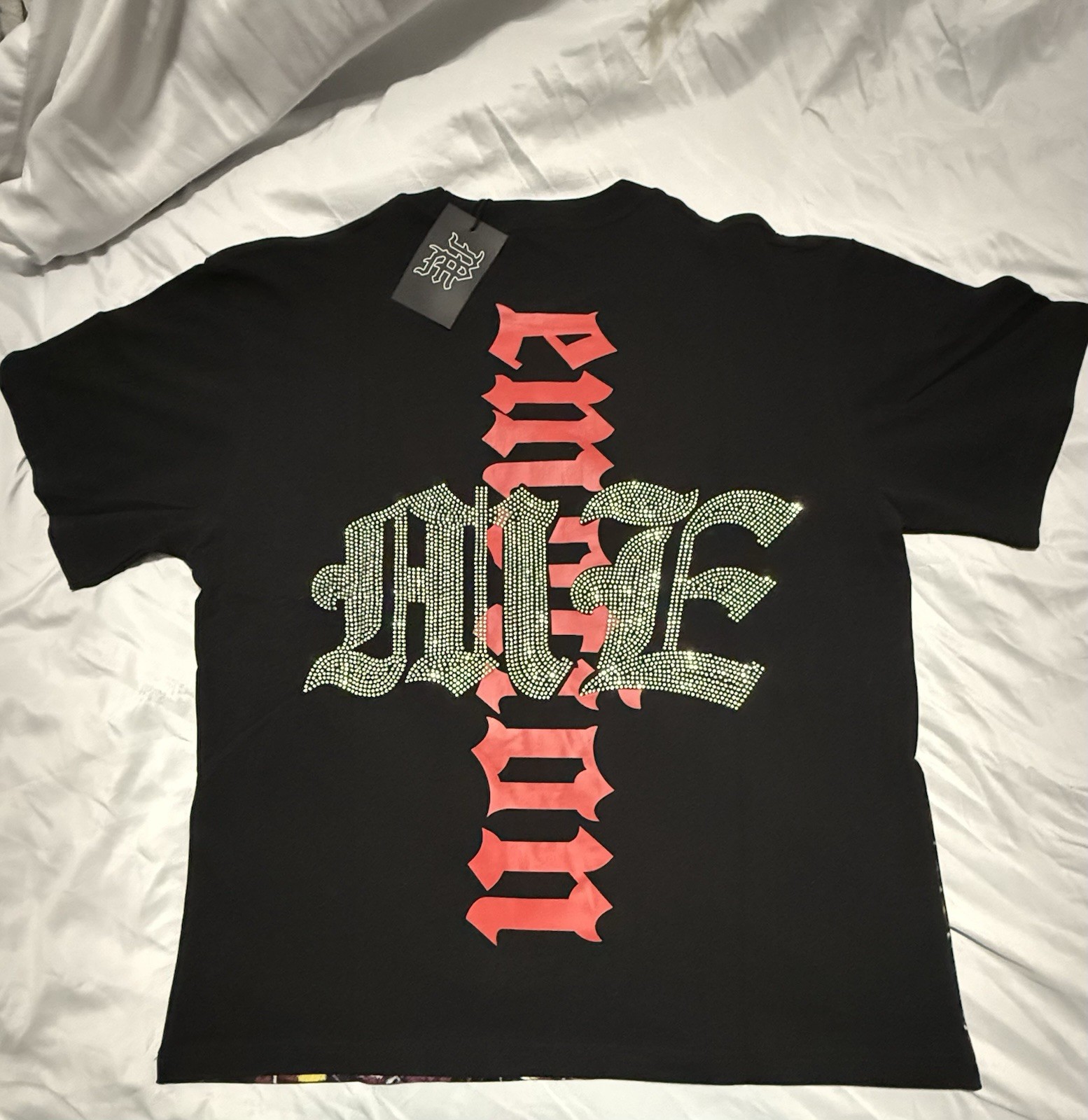 Mixed Emotion Black Short Sleeve Graphic Rhinestone Crew Neck T-Shirt Men’s S