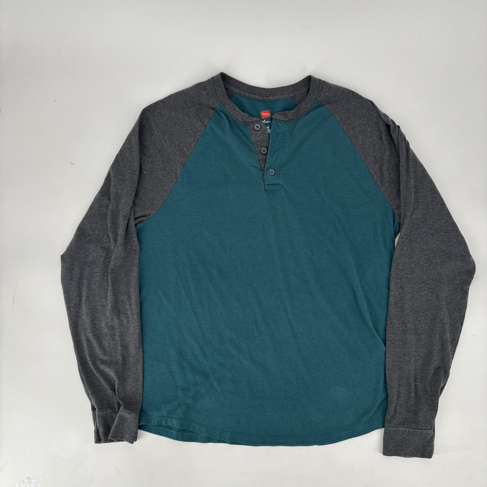 Hanes Raglan Henley Long Sleeve Shirt Teal Gray Colorblock Cotton Mens