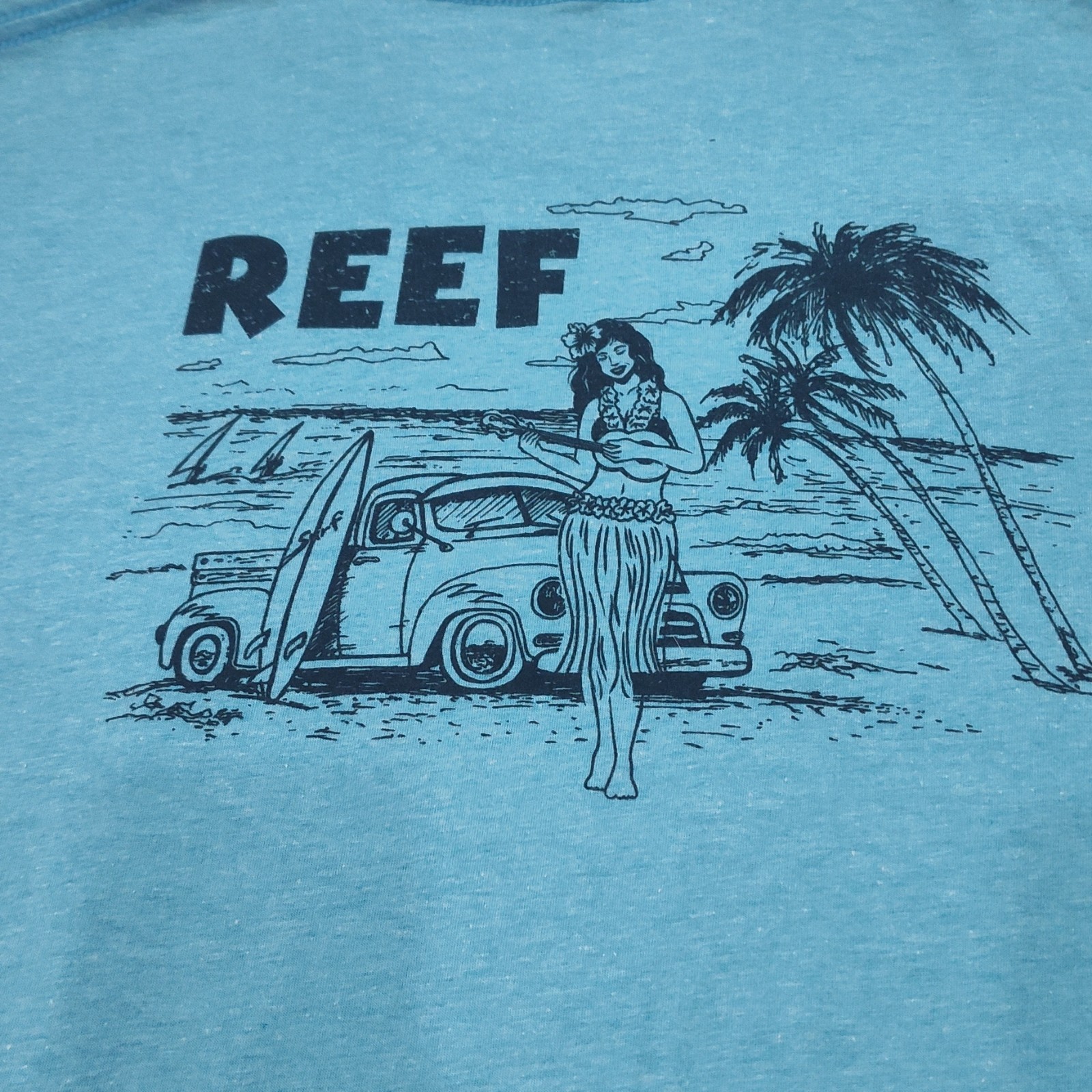 Reef Mens Turquoise Graphic Tee With Surf & Palm Tree Design Size Large